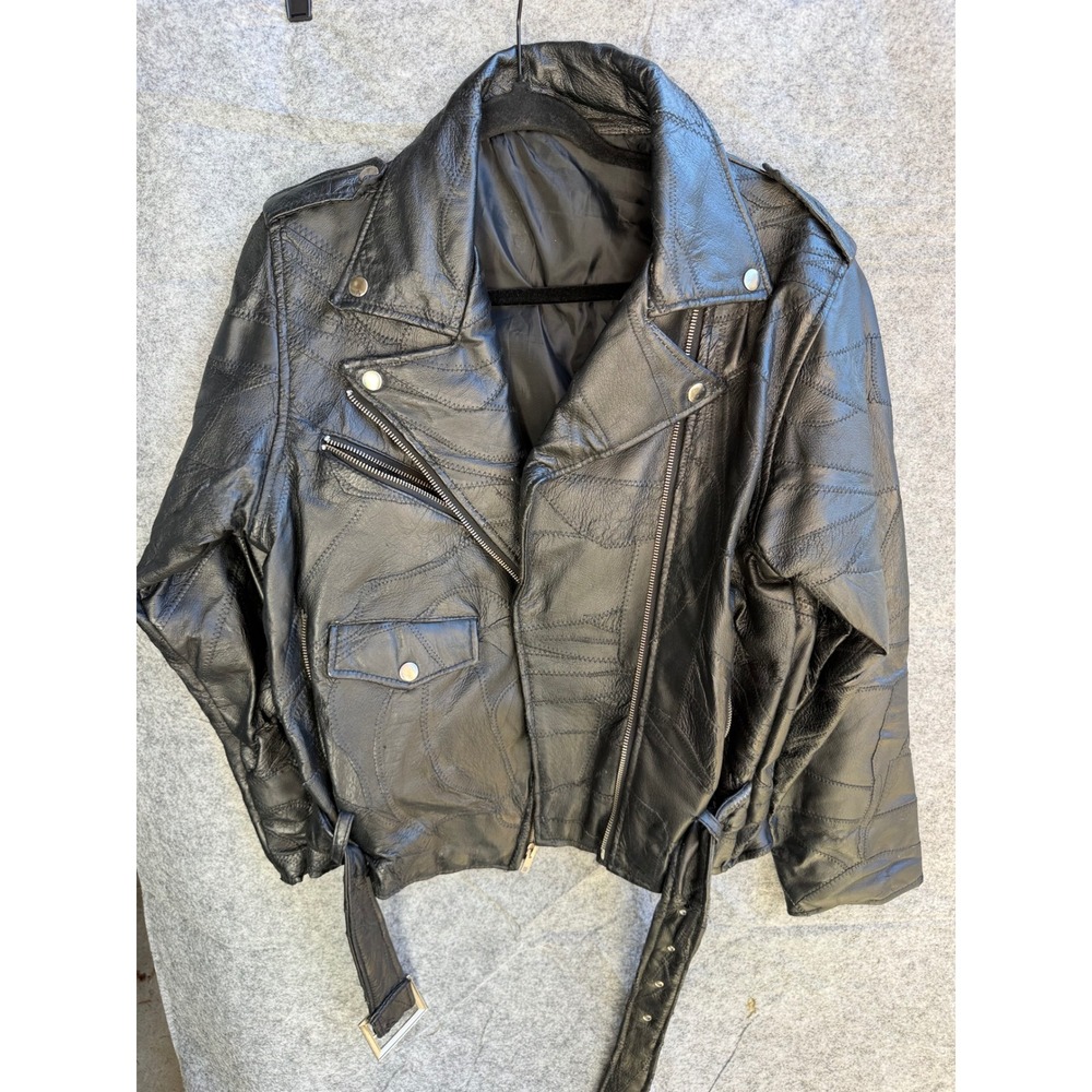 Black Patchwork Leather Biker Jacket Belted Motorcycle Moto Womens Large L 90s